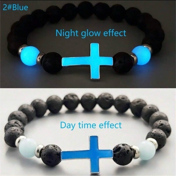 Glow in the Dark Blue Cross and Black Volcanic Stone Bracelet - Picture 2 of 3